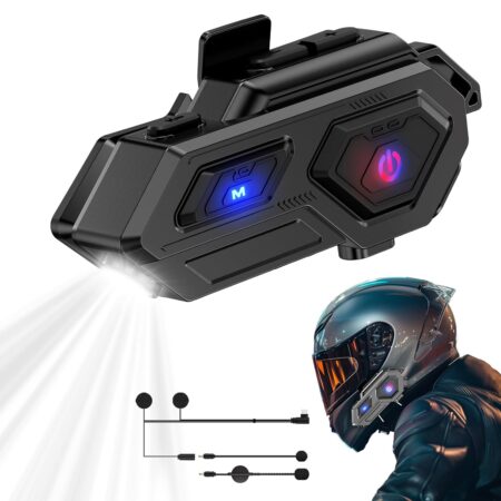 EDYELL C8 Motorcycle Bluetooth Headsets, LED Emergency Light, HD Calling, Wireless Dual Earphone, V5.3, IP67 Waterproof, Compatible with All Helmets